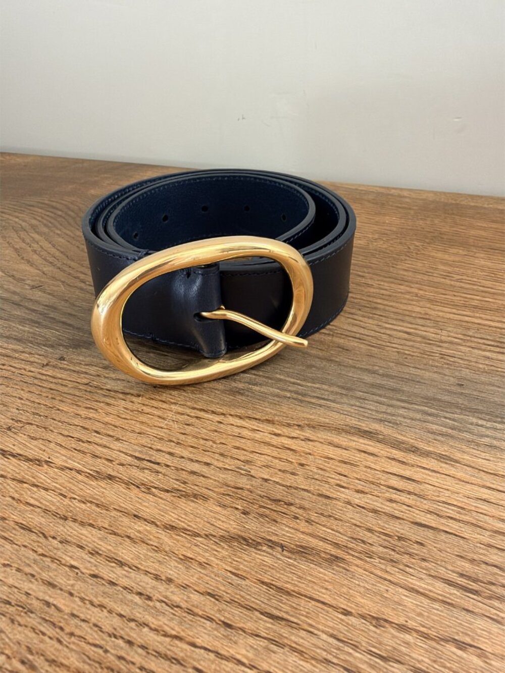 TWP Wide Belt Midnight Navy Leather Gold Oval Buckle Size 85